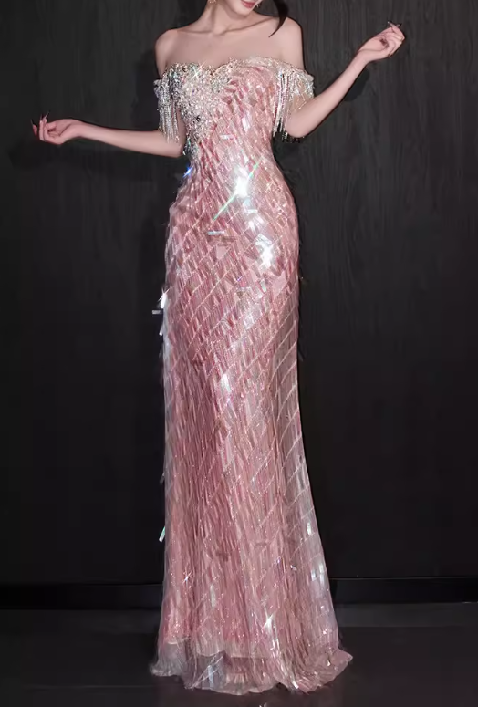 Glamorous Pink Iridescent Sequin Evening Gown Off-the-shoulder Fringe Detail Prom Dress DP7931