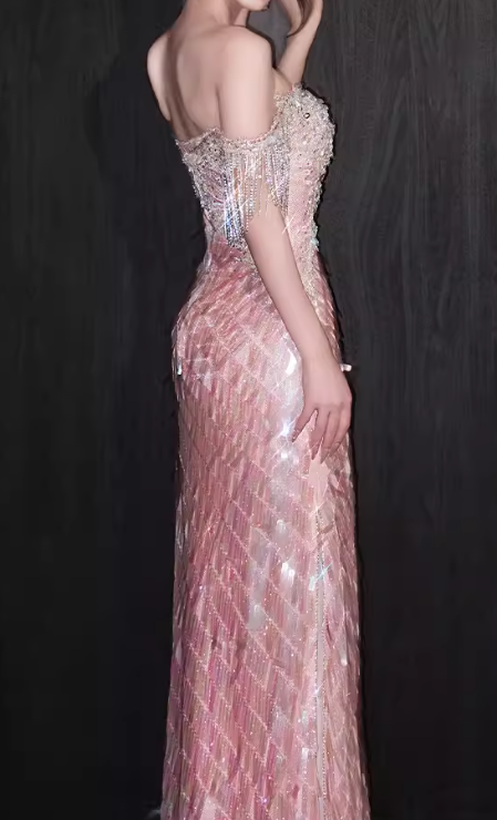 Glamorous Pink Iridescent Sequin Evening Gown Off-the-shoulder Fringe Detail Prom Dress DP7931