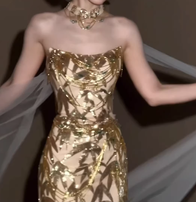 Glamorous Champagne Gold Bamboo Print Evening Gown Mermaid Strapless Prom Dress DP7932