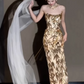 Glamorous Champagne Gold Bamboo Print Evening Gown Mermaid Strapless Prom Dress DP7932
