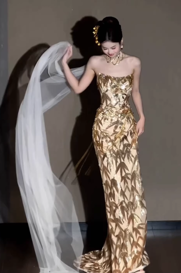 Glamorous Champagne Gold Bamboo Print Evening Gown Mermaid Strapless Prom Dress DP7932