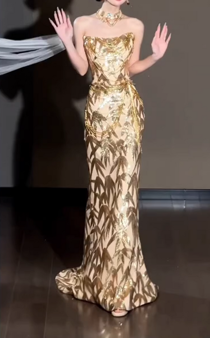 Glamorous Champagne Gold Bamboo Print Evening Gown Mermaid Strapless Prom Dress DP7932