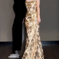 Glamorous Champagne Gold Bamboo Print Evening Gown Mermaid Strapless Prom Dress DP7932