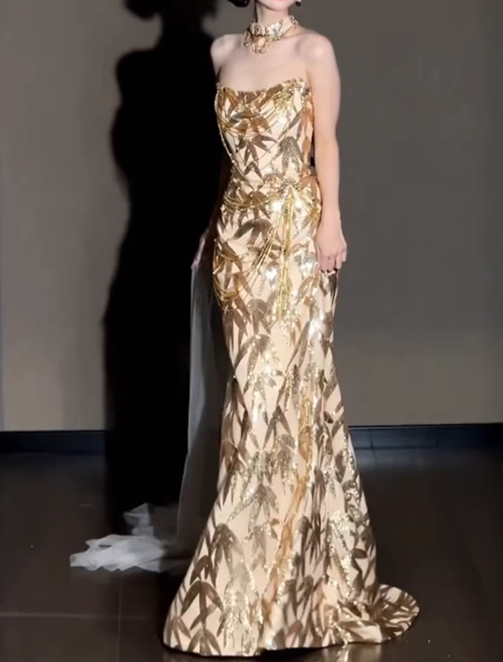Glamorous Champagne Gold Bamboo Print Evening Gown Mermaid Strapless Prom Dress DP7932
