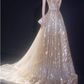Glamorous Champagne Sequin Halter Neck Evening Gown A-Line Sheer Train Prom Dress DP7933