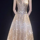 Glamorous Champagne Sequin Halter Neck Evening Gown A-Line Sheer Train Prom Dress DP7933