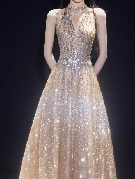 Glamorous Champagne Sequin Halter Neck Evening Gown A-Line Sheer Train Prom Dress DP7933