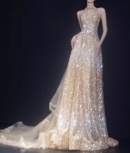 Glamorous Champagne Sequin Halter Neck Evening Gown A-Line Sheer Train Prom Dress DP7933