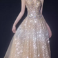 Glamorous Champagne Sequin Halter Neck Evening Gown A-Line Sheer Train Prom Dress DP7933