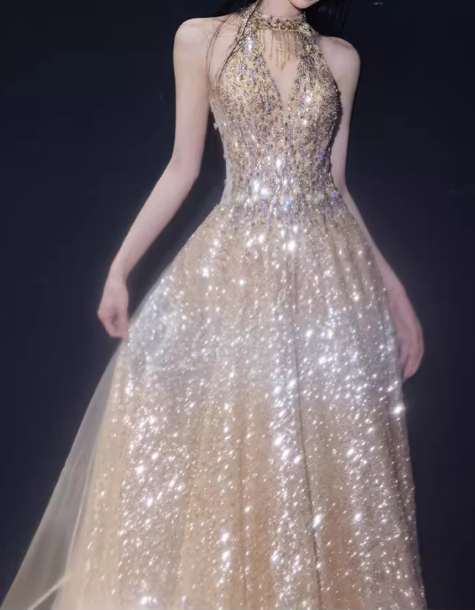 Glamorous Champagne Sequin Halter Neck Evening Gown A-Line Sheer Train Prom Dress DP7933