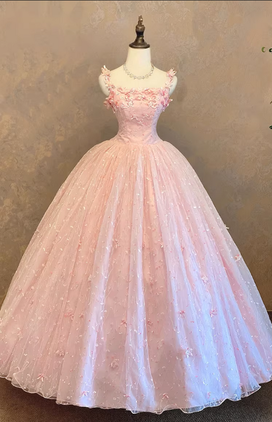 Vintage rosafarbenes Ballkleid mit Blumenapplikationen und Spaghettiträgern für Sweet 15 Quinceañera DP7934