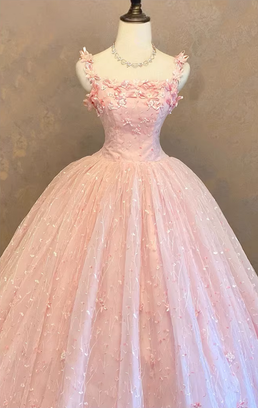 Vintage rosafarbenes Ballkleid mit Blumenapplikationen und Spaghettiträgern für Sweet 15 Quinceañera DP7934