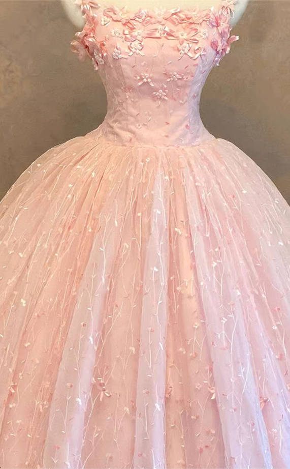 Robe de bal vintage rose à bretelles spaghetti et appliqués floraux pour Sweet 15 ou Quinceañera DP7934