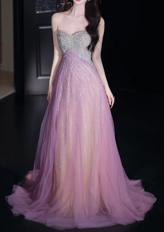 Glamorous Pink Sequin Tulle Strapless Evening Gown Beaded Sweetheart Prom Dress DP7936