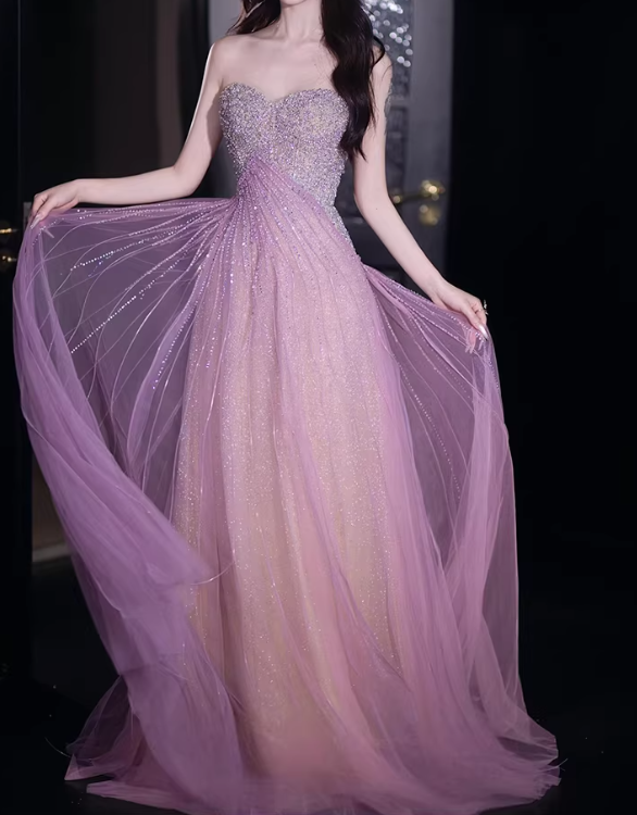 Glamorous Pink Sequin Tulle Strapless Evening Gown Beaded Sweetheart Prom Dress DP7936