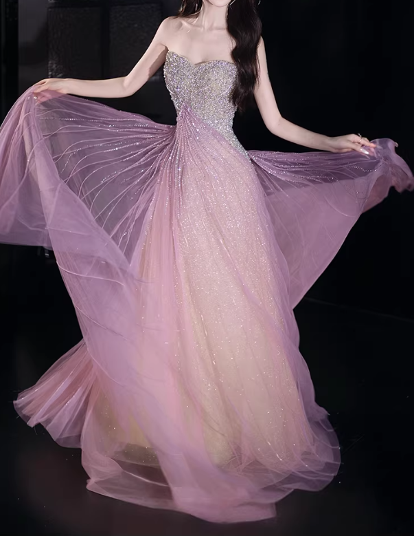 Glamorous Pink Sequin Tulle Strapless Evening Gown Beaded Sweetheart Prom Dress DP7936