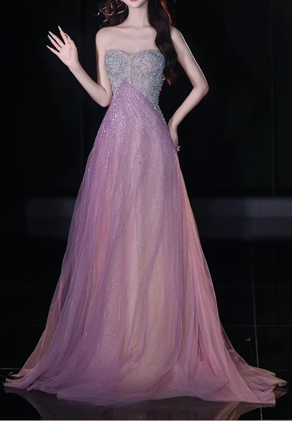 Glamorous Pink Sequin Tulle Strapless Evening Gown Beaded Sweetheart Prom Dress DP7936