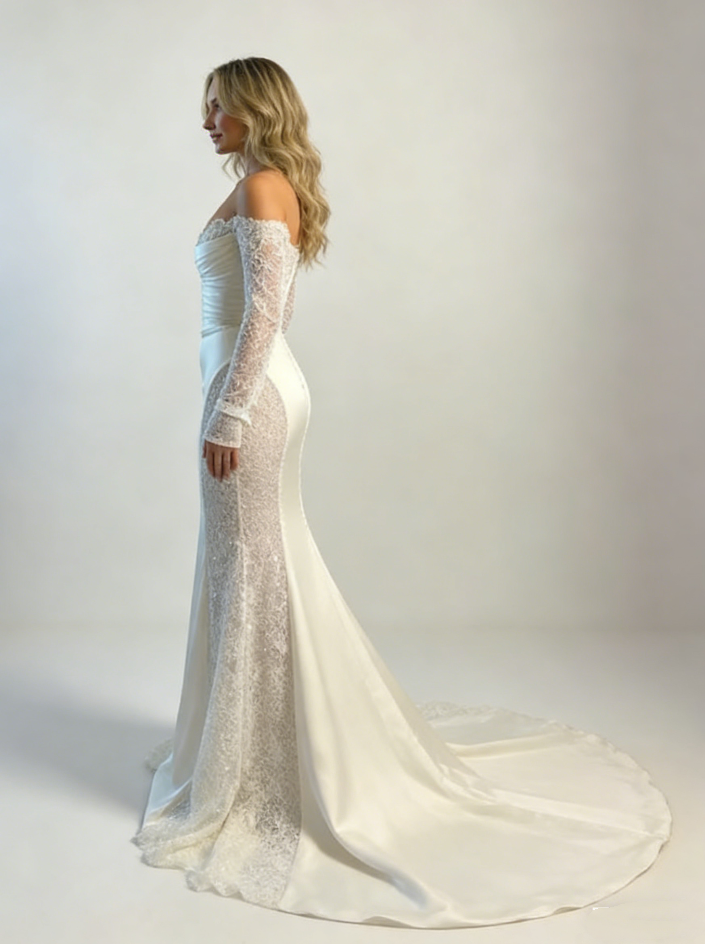 Robe de mariée sirène élégante en satin à manches longues et épaules dénudées, ornée de perles DP2910