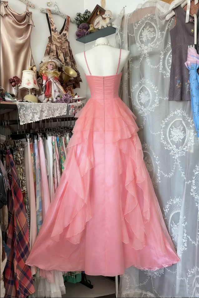 Vintage Pink Spaghetti Strap Ruffled A-Line Prom Dress DP7956