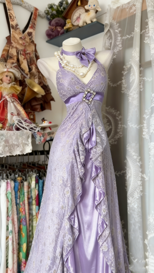 Vintage Lavender Halter Neck Lace & Satin Prom Dress DP7955