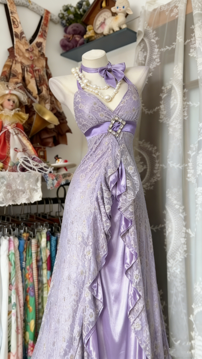 Vintage Lavender Halter Neck Lace & Satin Prom Dress DP7955