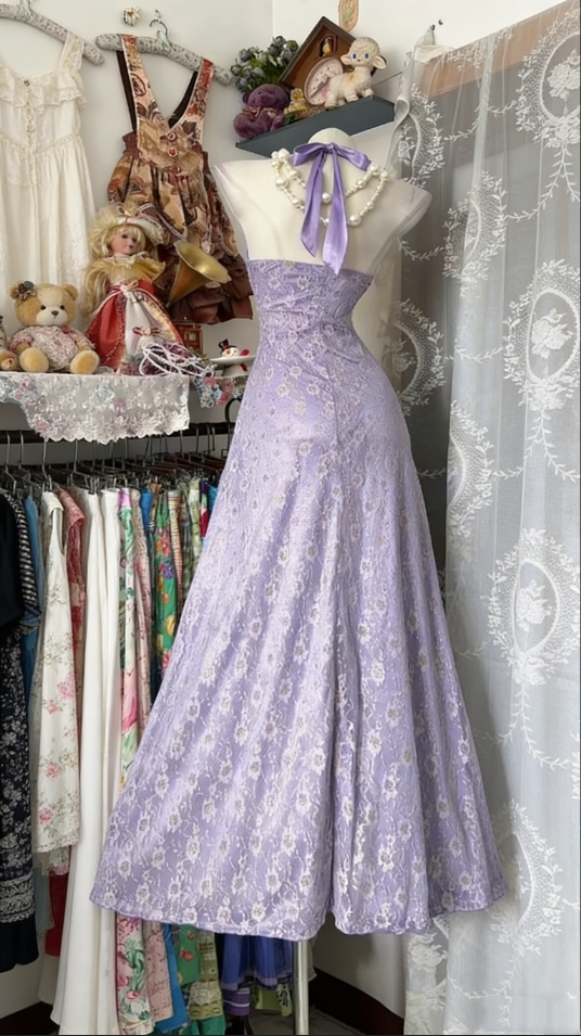 Vintage Lavender Halter Neck Lace & Satin Prom Dress DP7955