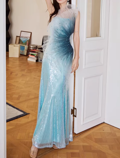 Chic Ombre Blue One-Shoulder Sequin Evening Gown Tulle Mermaid Prom Dress DP7969