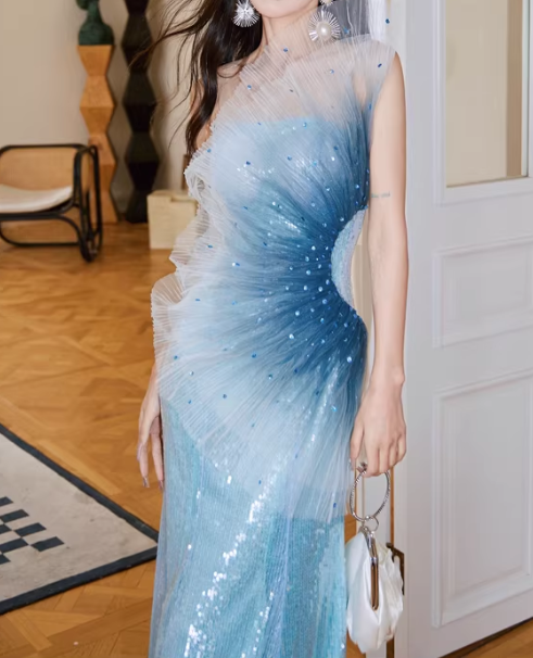 Chic Ombre Blue One-Shoulder Sequin Evening Gown Tulle Mermaid Prom Dress DP7969