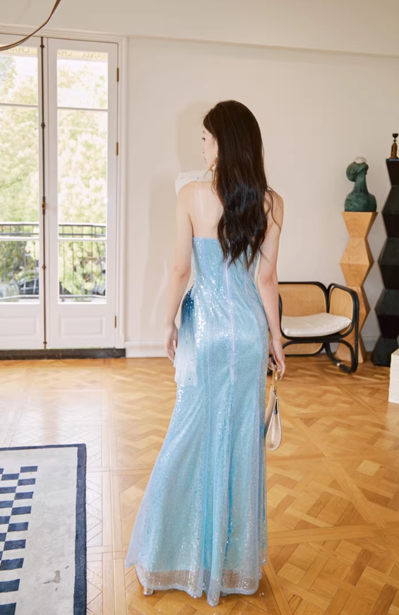 Chic Ombre Blue One-Shoulder Sequin Evening Gown Tulle Mermaid Prom Dress DP7969