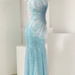 Chic Ombre Blue One-Shoulder Sequin Evening Gown Tulle Mermaid Prom Dress DP7969