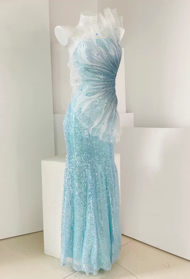 Chic Ombre Blue One-Shoulder Sequin Evening Gown Tulle Mermaid Prom Dress DP7969