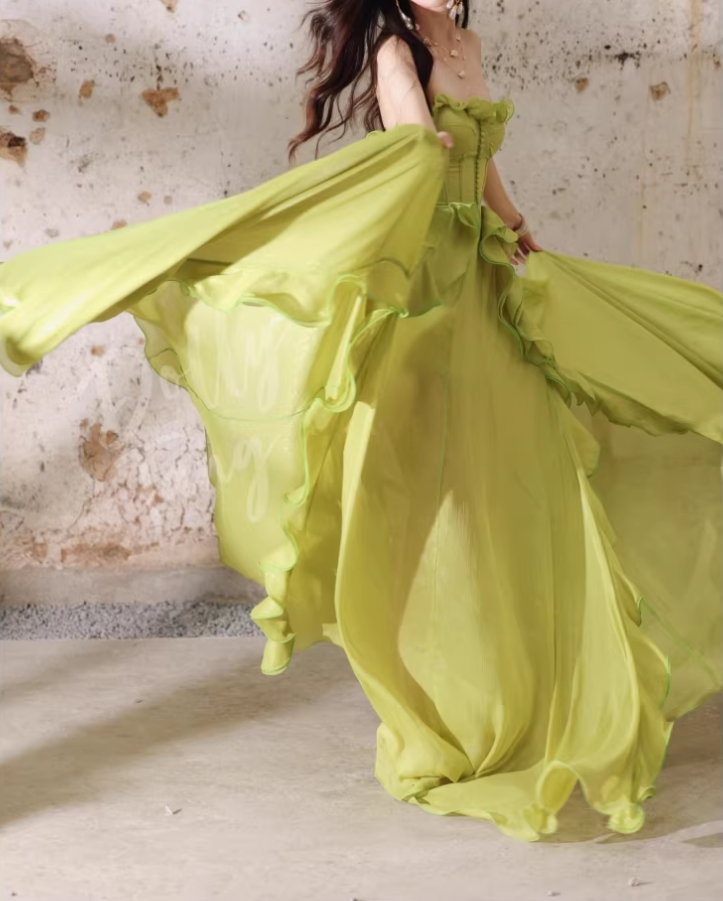 Chic Lime Green Strapless Ruffled Chiffon Prom Dress DP7970