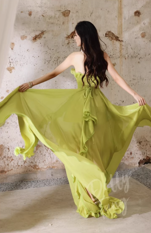 Chic Lime Green Strapless Ruffled Chiffon Prom Dress DP7970