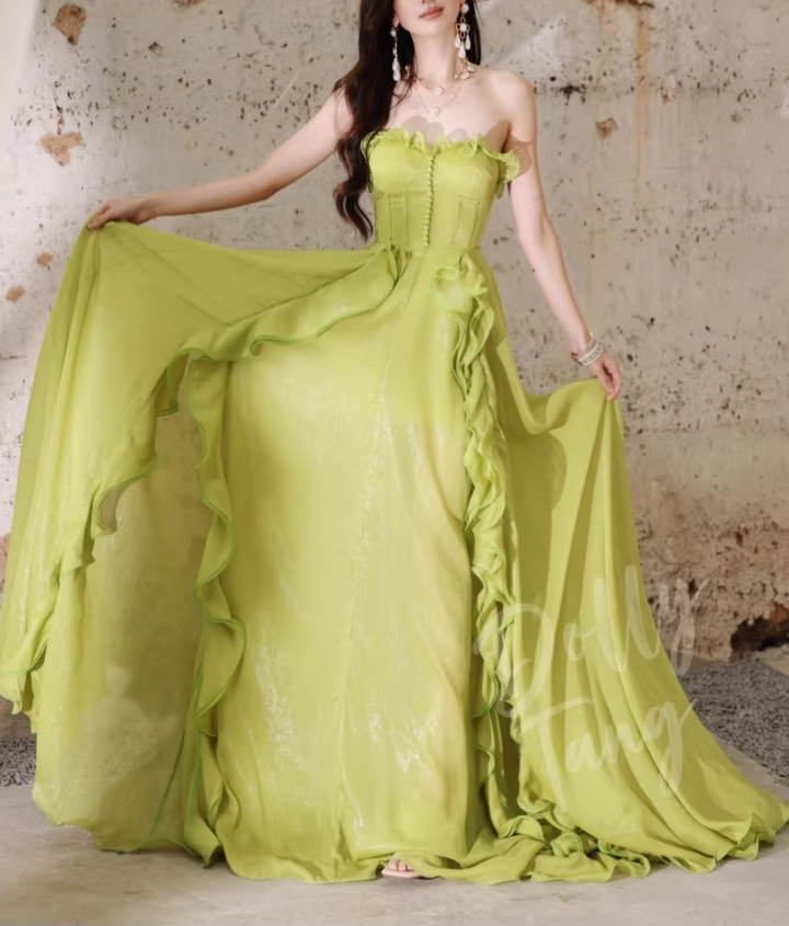 Chic Lime Green Strapless Ruffled Chiffon Prom Dress DP7970