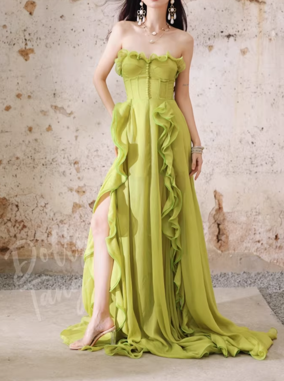 Chic Lime Green Strapless Ruffled Chiffon Prom Dress DP7970