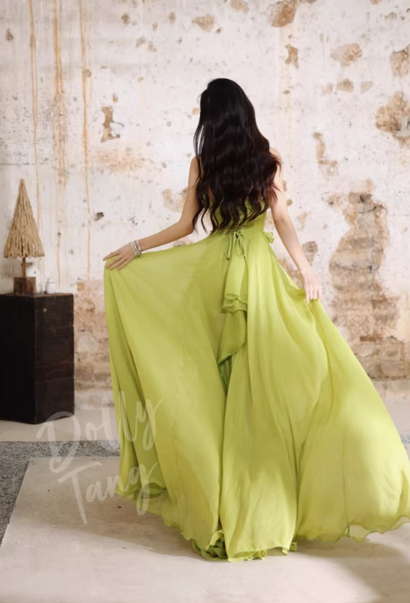 Chic Lime Green Strapless Ruffled Chiffon Prom Dress DP7970