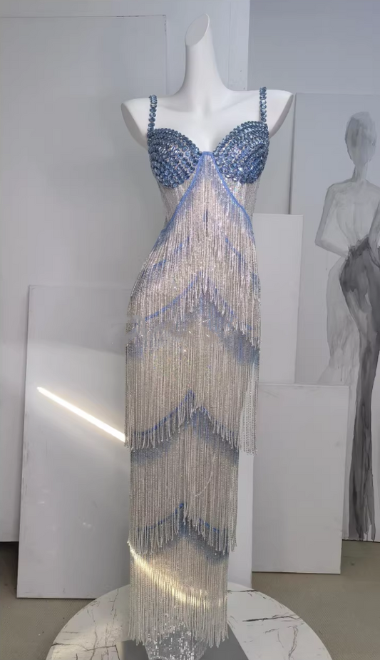 Elegant Silver Iridescent Fringed Sequin Formal Dress Sheath Beaded Prom Dress DP7973