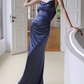 Elegant Glamorous Cowl Neck Satin Evening Gown Mermaid Ruched Prom Dress DP7974