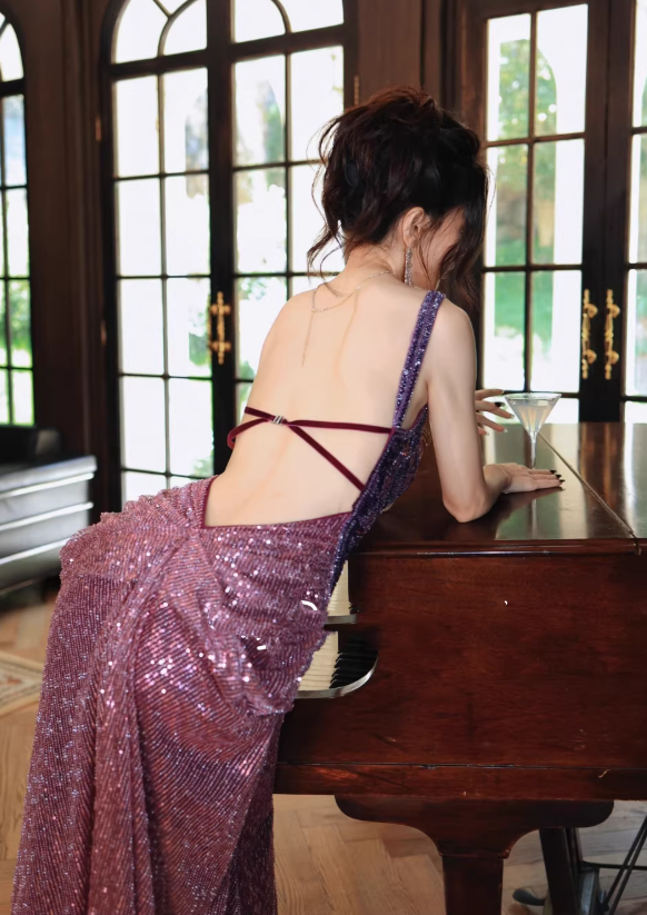 Sparkling Purple Sequin V-Neck Gown Spaghetti Straps & Slit Prom Dress DP7975
