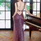 Sparkling Purple Sequin V-Neck Gown Spaghetti Straps & Slit Prom Dress DP7975