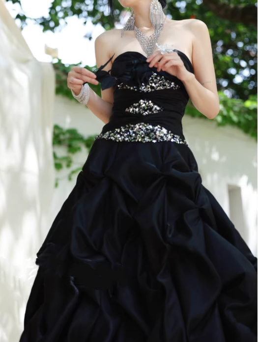 Elegant Black Strapless Beaded Satin Ruched Sweet 15 Quinceanera Ball Gown DP7976