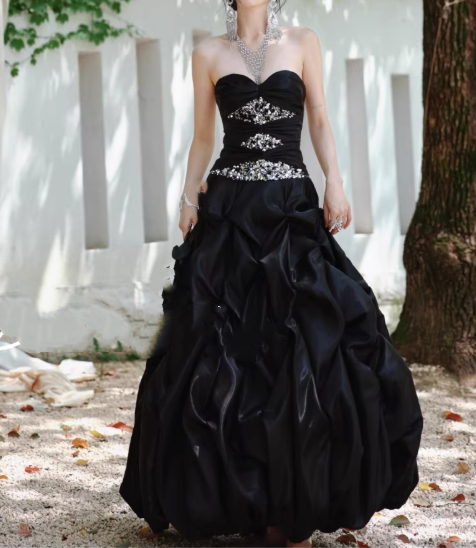 Elegant Black Strapless Beaded Satin Ruched Sweet 15 Quinceanera Ball Gown DP7976
