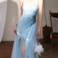 Vintage Strapless Light Blue Sequin Evening Gown Tulle Prom Dress DP7977