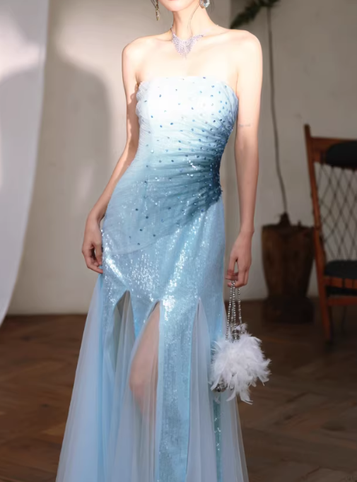 Vintage Strapless Light Blue Sequin Evening Gown Tulle Prom Dress DP7977