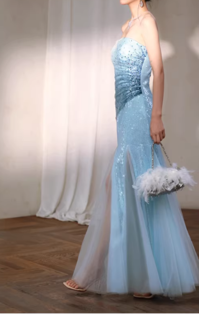 Vintage Strapless Light Blue Sequin Evening Gown Tulle Prom Dress DP7977