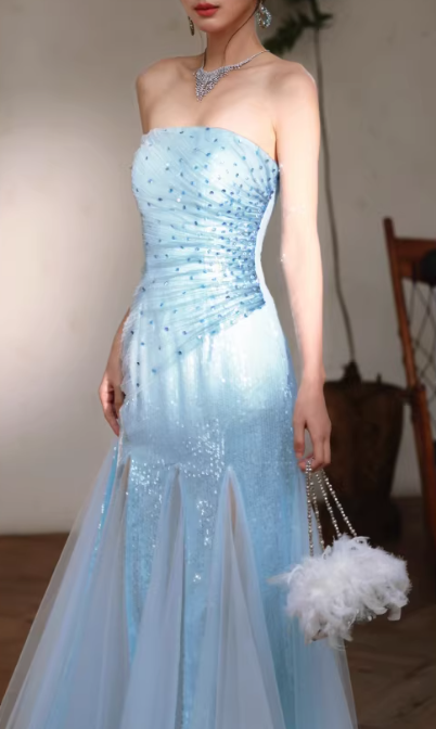 Vintage Strapless Light Blue Sequin Evening Gown Tulle Prom Dress DP7977