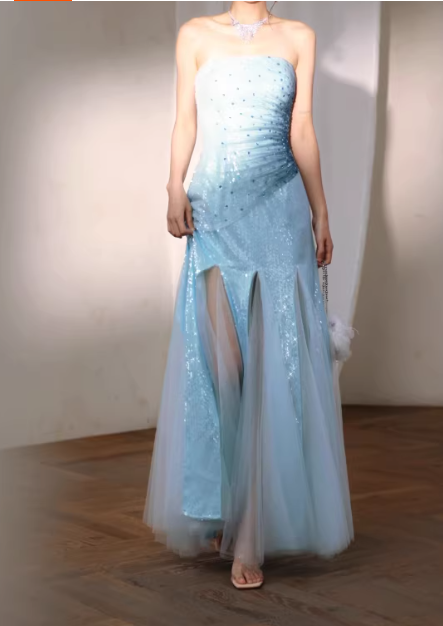 Vintage Strapless Light Blue Sequin Evening Gown Tulle Prom Dress DP7977