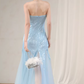 Vintage Strapless Light Blue Sequin Evening Gown Tulle Prom Dress DP7977