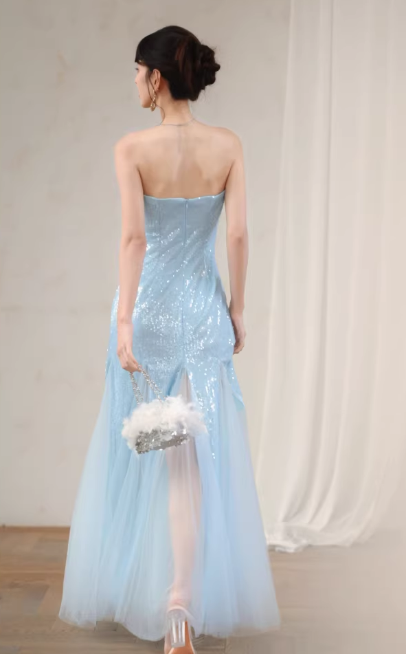 Vintage Strapless Light Blue Sequin Evening Gown Tulle Prom Dress DP7977