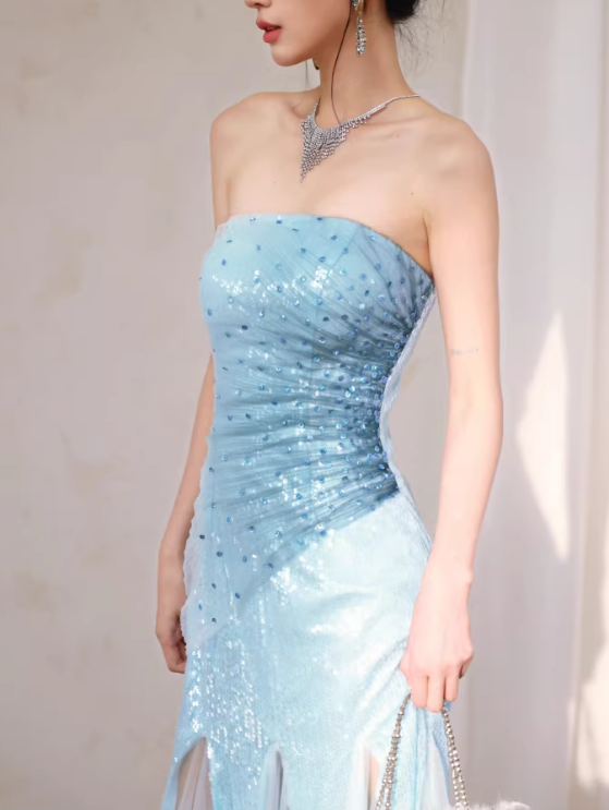 Vintage Strapless Light Blue Sequin Evening Gown Tulle Prom Dress DP7977